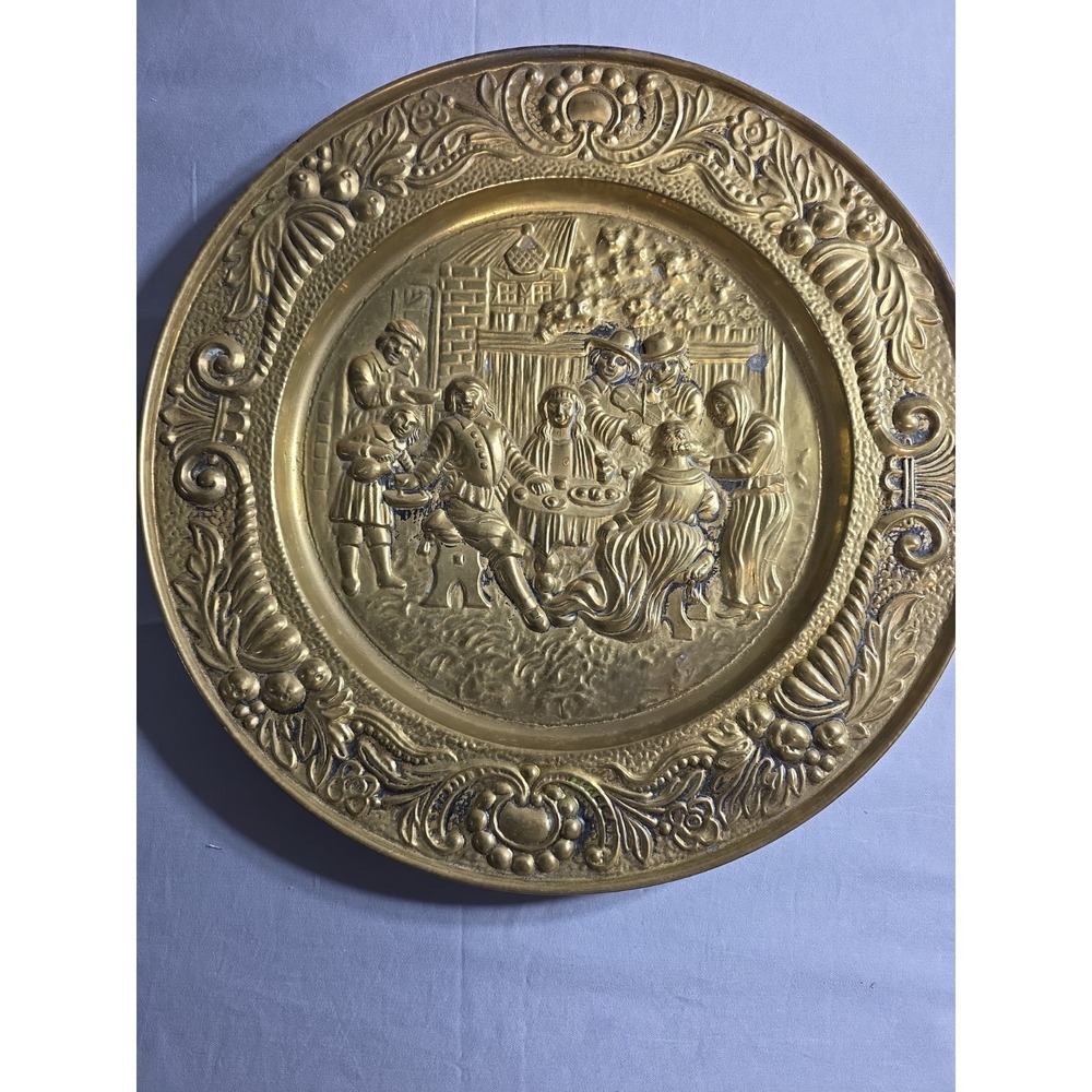 Vintage Brass Repousse Wall Plates Pair Dutch Genre Scenes Ornate Decorative